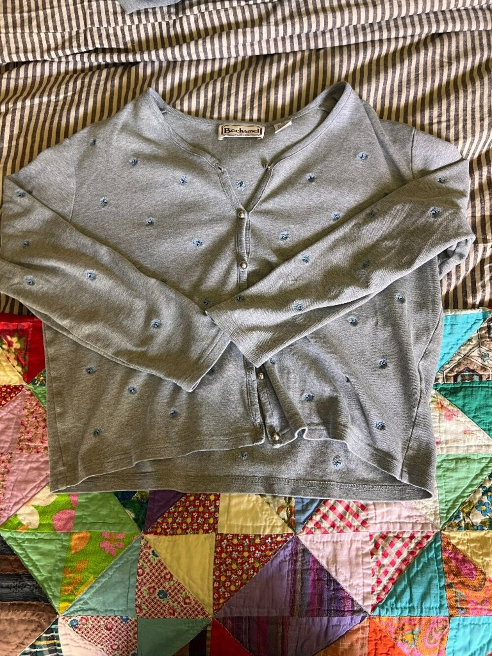 Vintage Bechamel Petites Embroidered Blue Floral Cardigan & Tee Twin Set Size M